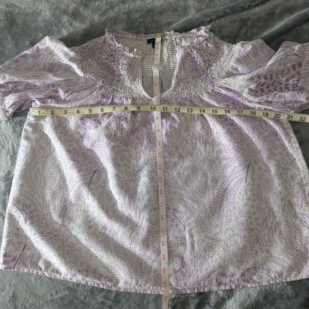 Cottagecore Talbots Linen Cotton Smocked Floral Top Purple Garden Party Blouse M - Picture 6 of 8